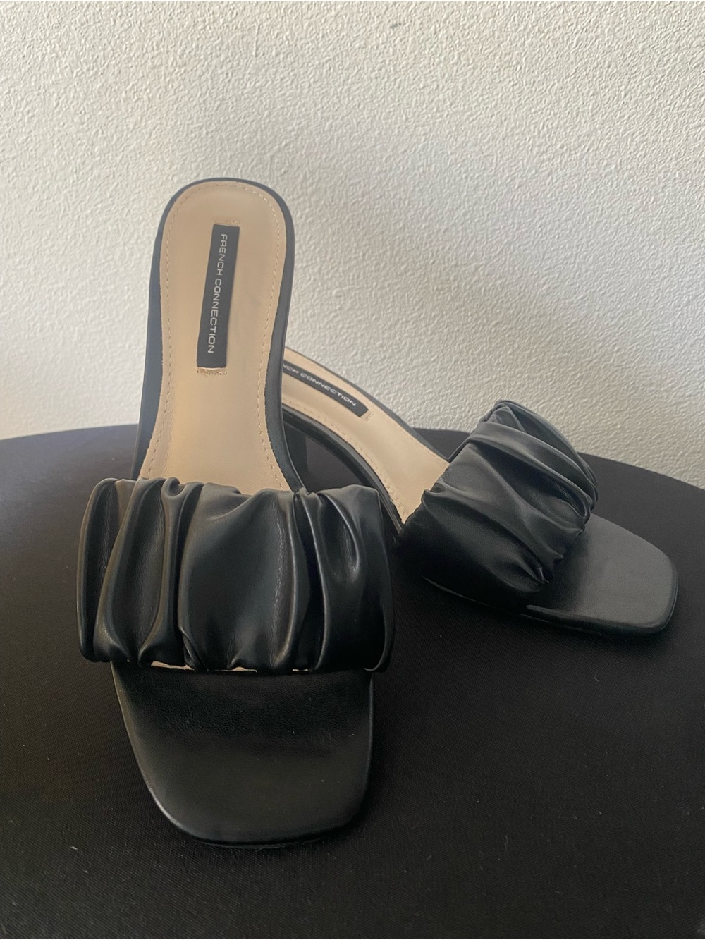 French Connection Black Ruched Slip-On Block Heel Mules
